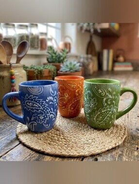 LAURIE GATES Paisley Print Embossed Coffee Mugs Lot Of 3 Blue & Orange & Green